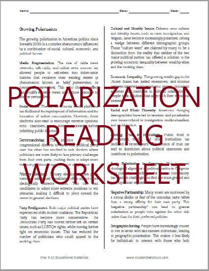 Growing Polarization Reading with Questions - Free to print (PDF file) for high school American History classes.