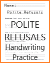 Polite Refusals Handwriting Worksheet in Print or Cursive