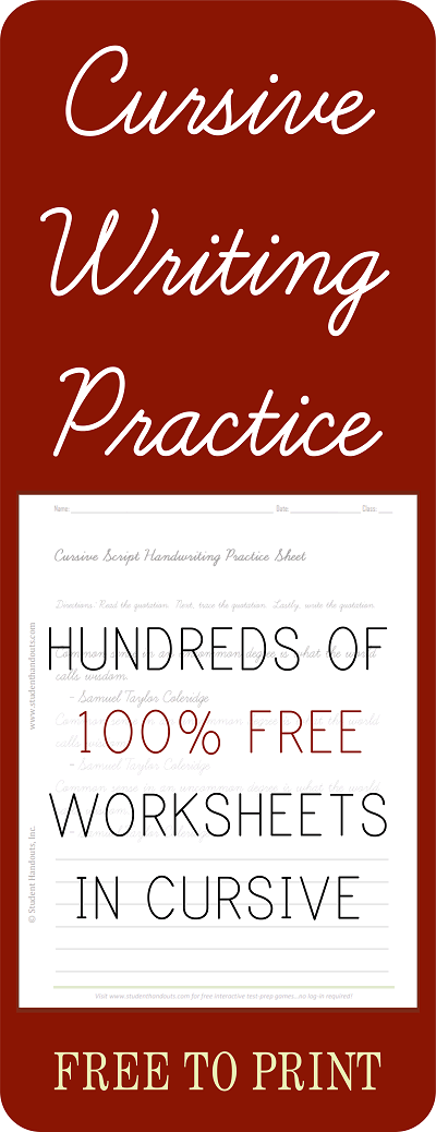 Cursive Script Handwriting Practice Worksheets - 100% free to print. Hundreds to choose from. PDF files.