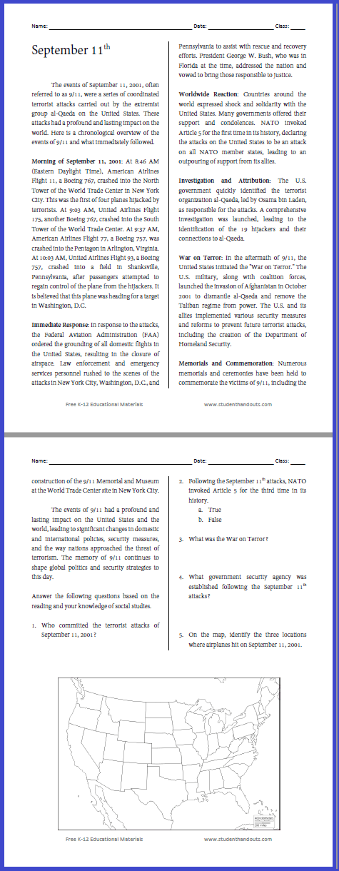 Events of 9/11 Reading with Questions - Free to print (PDF file). Includes map work.