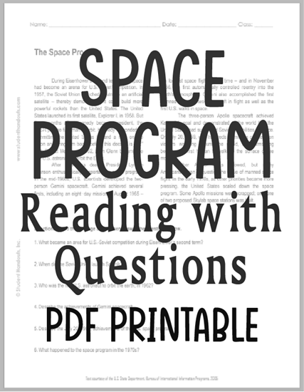 The Space Program - Free printable reading with questions for high school United States History students (PDF file).