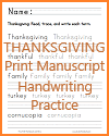 Thanksgiving Terms Print Manuscript Handwriting Practice Worksheet