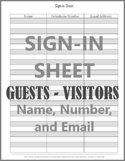 Guest and Visitor Sign-in Sheet - Free to print (PDF file). With spaces for name, phone number, and email address.