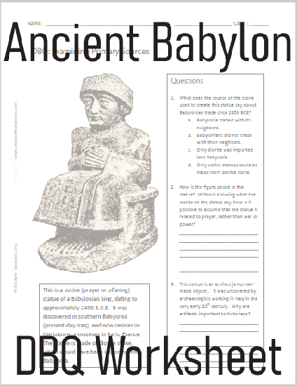 Ancient Babylonian Statue Artifact DBQ Worksheet - Free to print (PDF file).