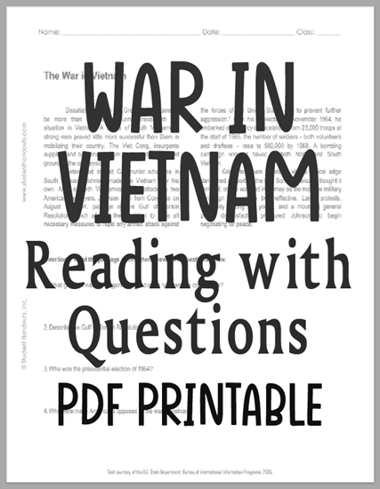 The War in Vietnam - Reading with questions for high school United States History students. Free to print (PDF file).