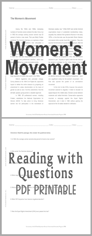The Women's Movement - Free printable reading with questions for high school American History education (PDF file).