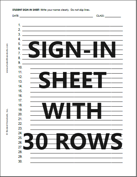Free Blank Printable Student Sign-in Sheet with 30 Rows, Version 2