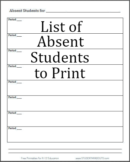 List of Absent Students Printable Sheet - Free to print (PDF file).