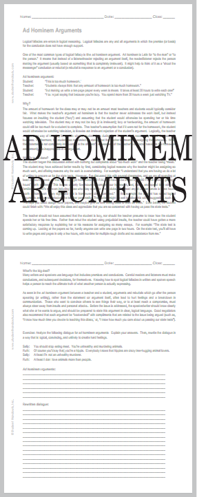 Ad hominem arguments worksheet - free to print.