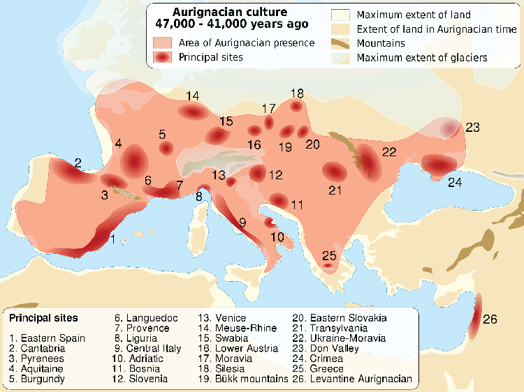 Map of the Aurignacian Age in Europe