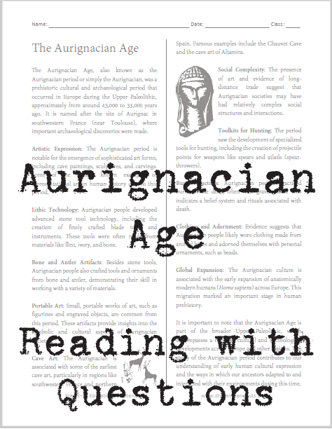 Aurignacian Age Reading with Questions - Free to print (PDF file). This worksheet looks at early modern human culture and art in southern Europe.
