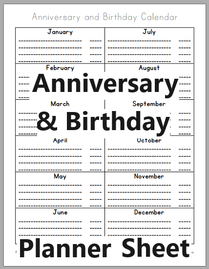 Anniversary and Birthday Calendar - Free to print (PDF file).