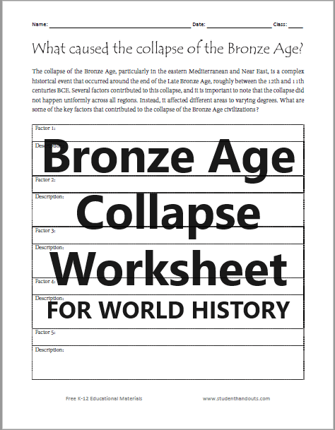 Bronze Age Collapse Worksheet - Free to print (PDF file) for World History classes. What are some of the key factors that contributed to the collapse of the Bronze Age civilizations?