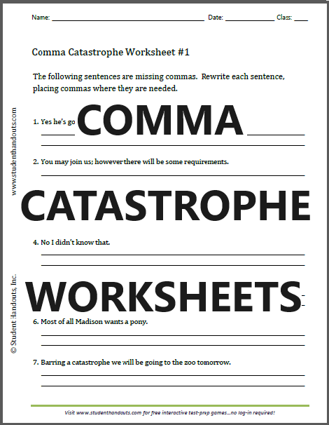 Comma Catastrophe Worksheets - Free to print (PDF files).