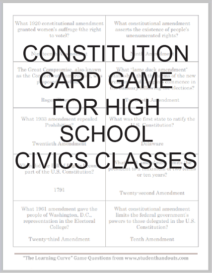 Constitution Game Question Cards - Free to print (PDF file). Five sheets for a total of fifty game cards.