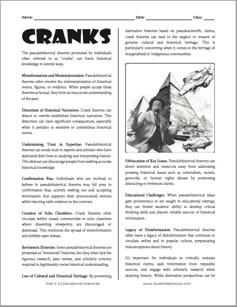 Cranks Reading with Questions Worksheet - Do your students watch too much pseudoscientific bunk history and archaeology programming? Then this printable is exactly what you need! Free to print (PDF file).