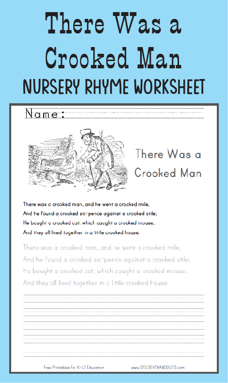 There Was a Crooked Man - Nursery rhyme worksheet for kindergarten. Free to print (PDF file).