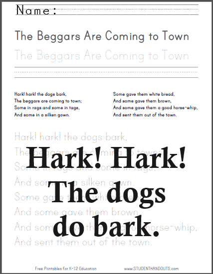 The Beggars Are Coming to Town - Printable nursery rhyme with worksheets for children.