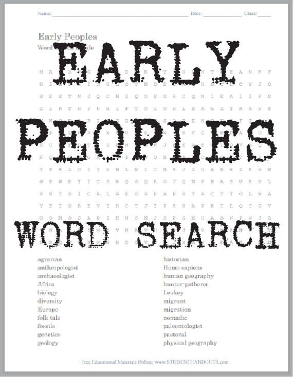 Early Humans Word Search Puzzle - Free to print (PDF file).