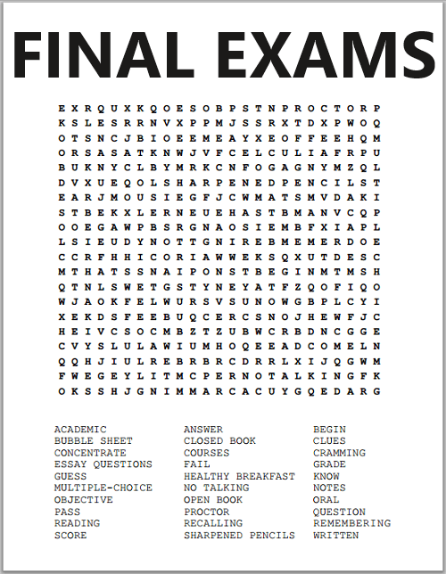Final Exams Word Search Puzzle - Free to print (PDF file) for grades 7-12.