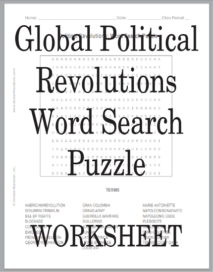 Global Political Revolutions Word Search Puzzle - Free to print (PDF file) for junior and senior high school World History students.