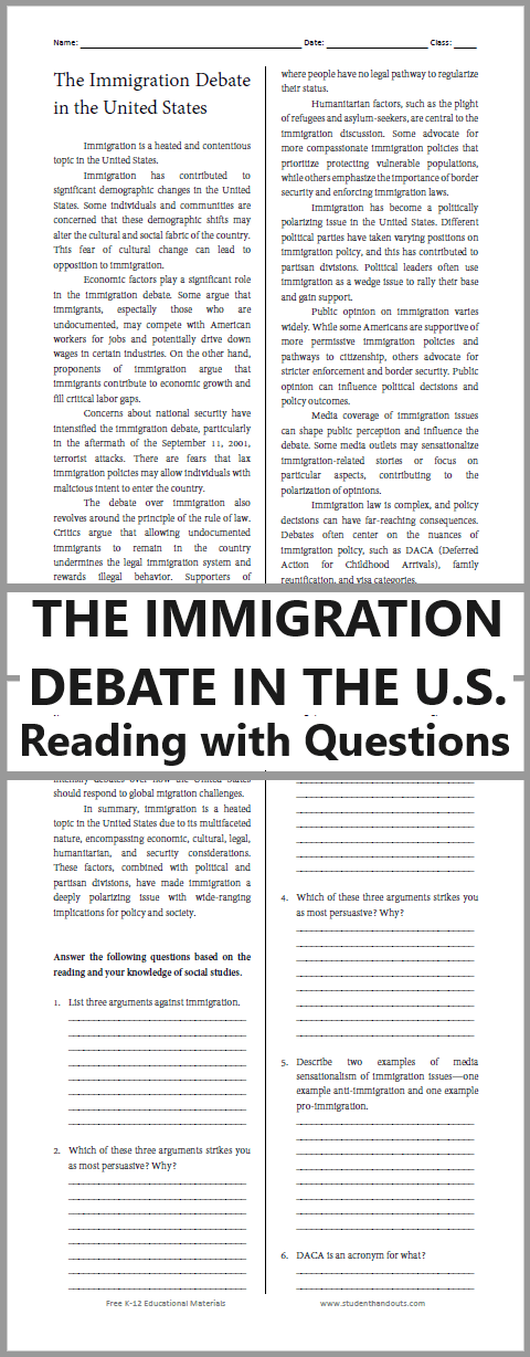 Immigration Debate Reading with Questions - Immigration is a heated and contentious topic in the United States. Free to print (PDF file).