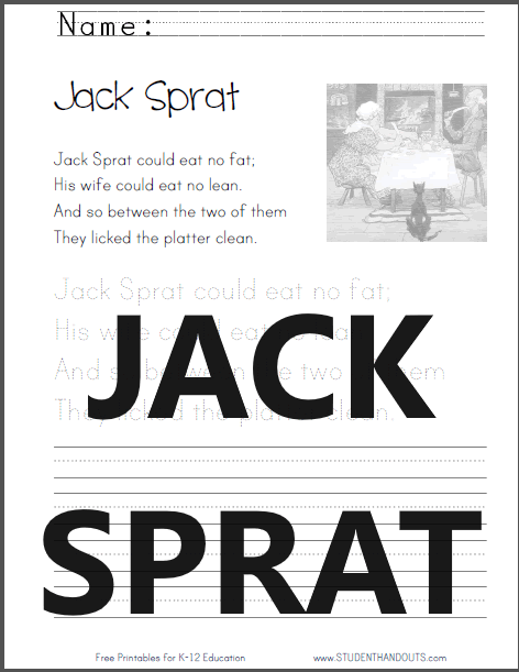 Jack Sprat Nursery Rhyme Worksheet - Free to print (PDF file).