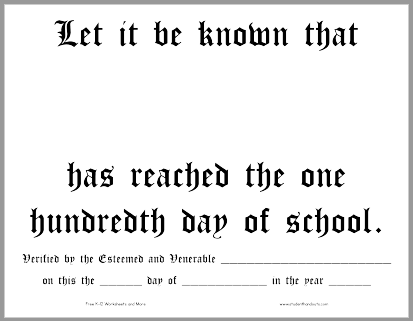 One Hundred Days of School Certificate