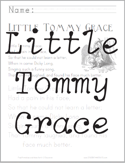 Little Tommy Grace - Nursery rhyme worksheets are free to print (PDF files).