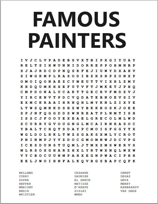 Famous Painters Word Search Puzzles - Free to print (PDF files).