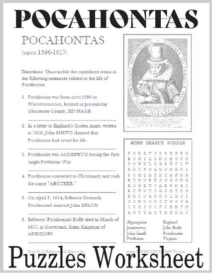 Pocahontas Bellwork Puzzle Worksheet - Free to print (PDF file).