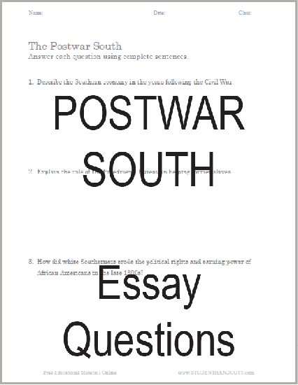 Postwar South Essay Questions - Free to print (PDF file) for high school American History students.