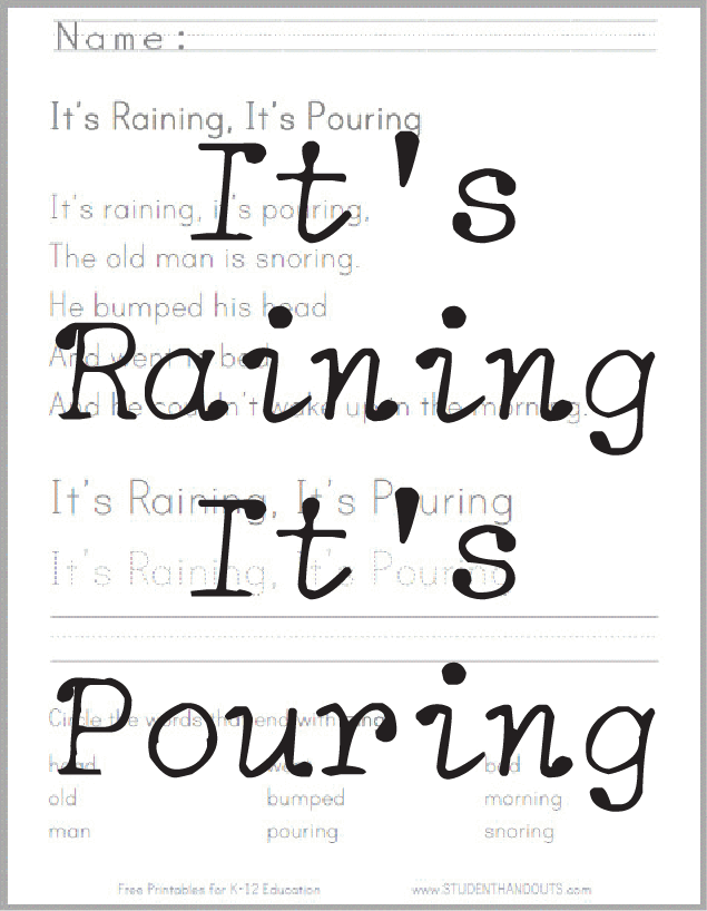 It's Raining, It's Pouring - Free Printable Nursery Rhyme Worksheet