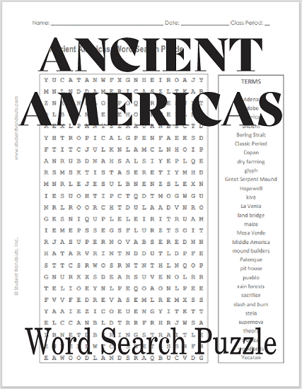 Before Columbus: The Ancient Americas - Free printable word search puzzle worksheet (PDF file).