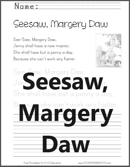Seesaw, Margery Daw - Free printable nursery rhyme worksheet (PDF file).