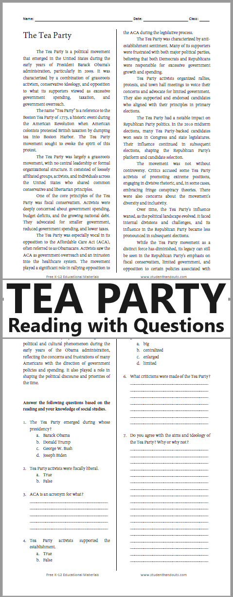 Tea Party Reading with Questions - Free to print (PDF file). Designed for high school American History classes.