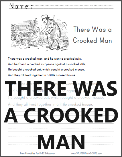There Was a Crooked Man - Nursery rhyme worksheet for kindergarten. Free to print (PDF file).