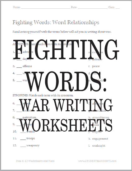 Fighting Words: War Writing Worksheets - Helpful vocabulary terms for writing about war. Free to print.
