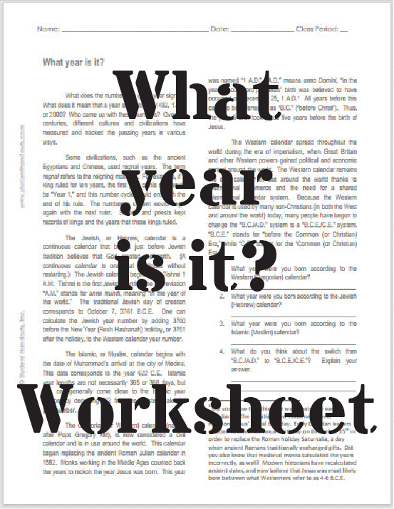 What Year Is It? Numbering the Years - Free Printable Worksheet for Social Studies