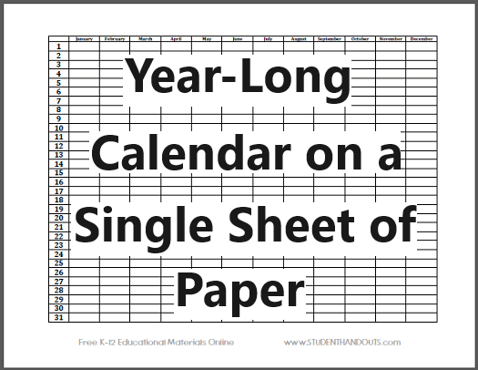 Year-Long Calendar on a Single Sheet of Paper - Free to print (PDF file).