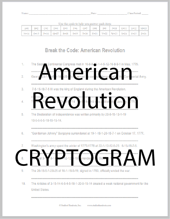 American Revolution Code Puzzle - Worksheet is free to print (PDF file).