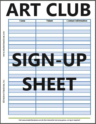 Art Club Sign-up Sheet - Free to print (PDF file).