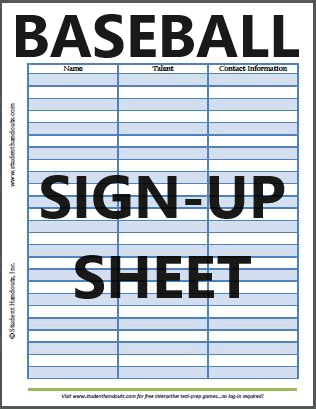 Baseball Sign-up Sheet - Free to print (PDF file).