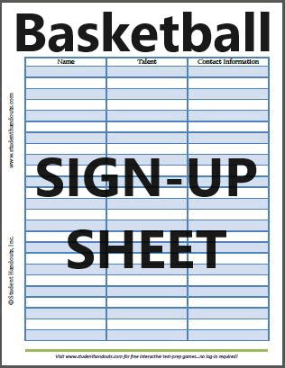 Basketball Sign-up Sheet - Free to print (PDF file).