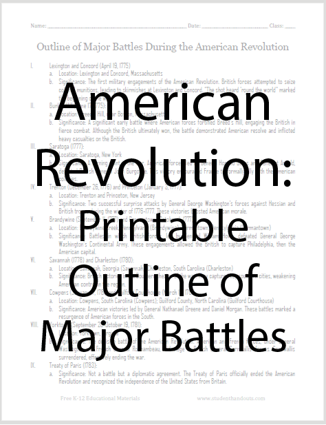 Major Battles of the Revolutionary War Printable Outline - Free to print (PDF file) for American History classes. From Lexington and Concord to the Treaty of Paris.