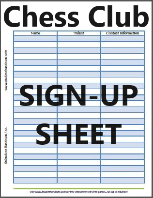 Chess Club Sign-up Sheet - Free to print (PDF file).