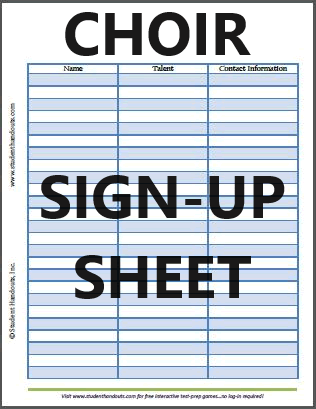 Printable Choir Sign-up Sheet - Free to print (PDF file).