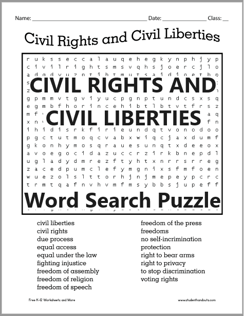 Civil Rights and Civil Liberties Word Search Puzzle - Free to print (PDF file) for Civics and American Government classes.