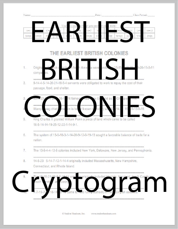 The Earliest British Colonies - Free printable decipher-the-code puzzle worksheet (cryptogram).