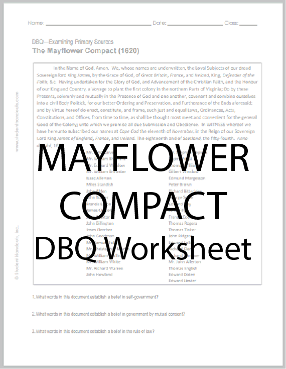 Mayflower Compact DBQ Worksheet - Free to print (PDF file) for American History students studying the colonial period.